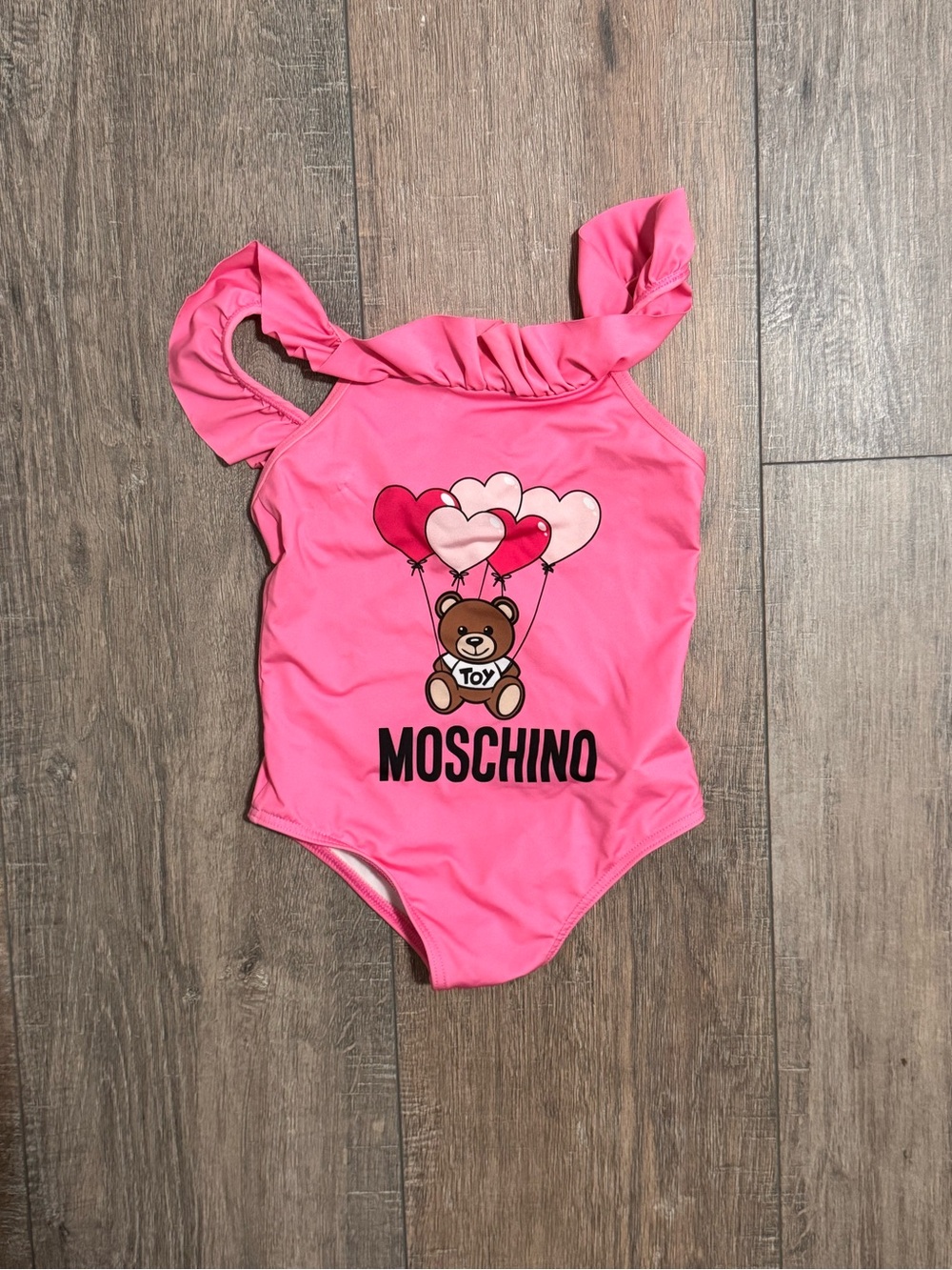 Moschino Kids Hot Pink One-Piece with Teddy and Heart Balloons